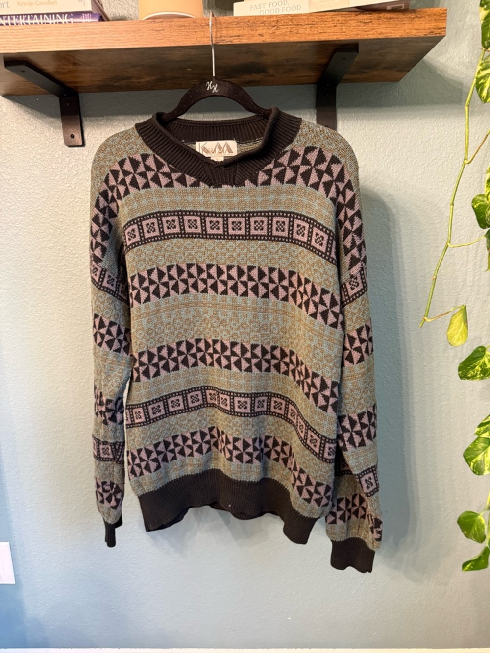 Vintage Cotton Knit Sweater Geometric Pattern Earth Tone 90s Crewneck Aztec L